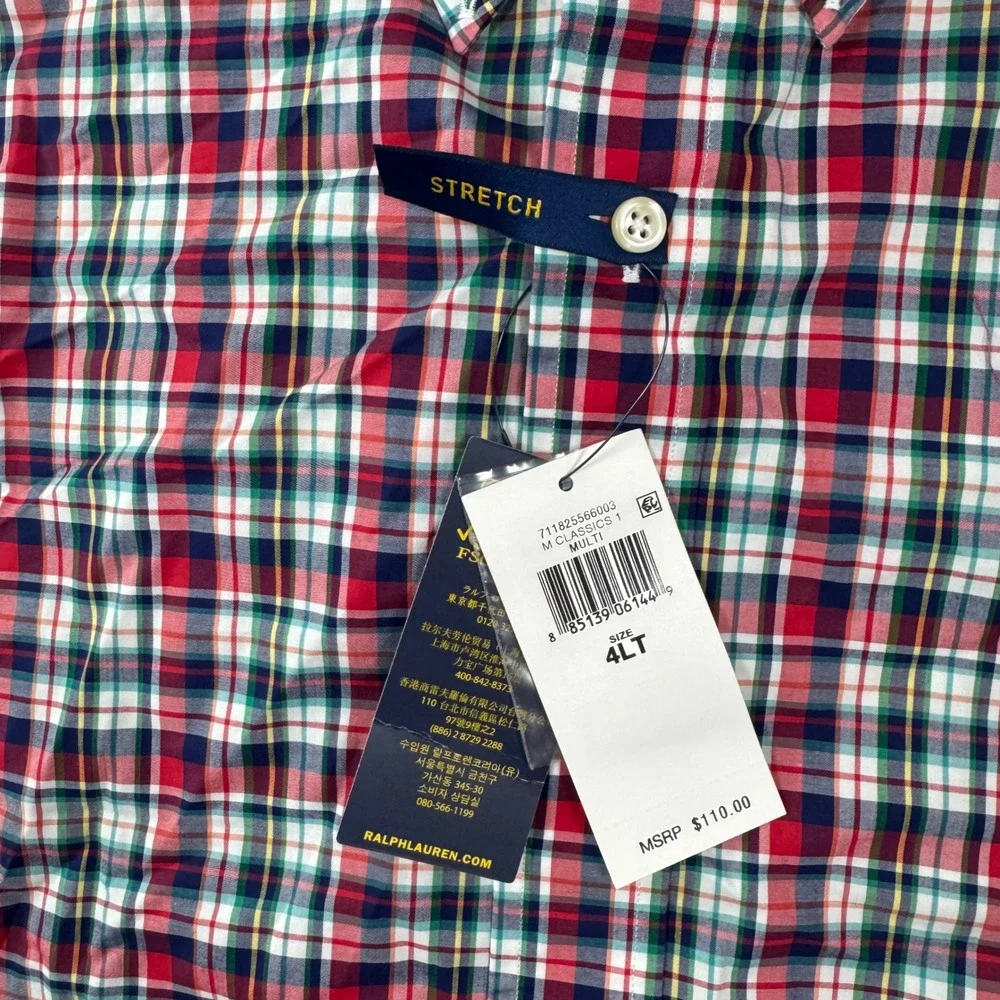 NWT Polo Ralph Lauren Mens 4XLT Plaid Button Down Shirt Red Cotton‎ Stretch $110